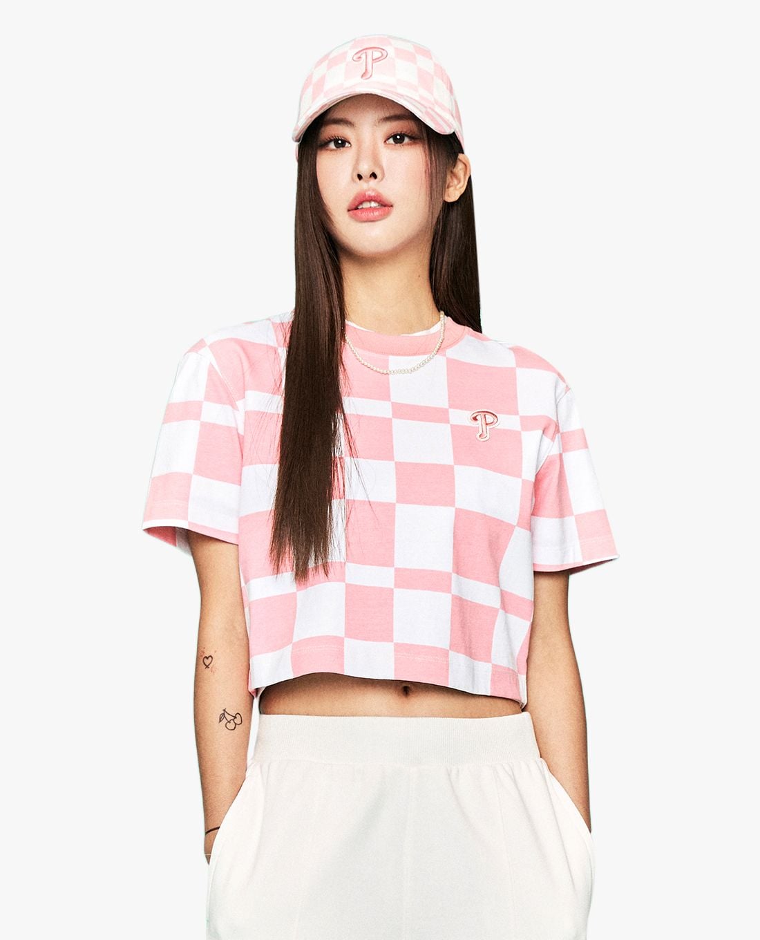 MLB - Áo croptop nữ cổ tròn tay ngắn Checkerboard Allover