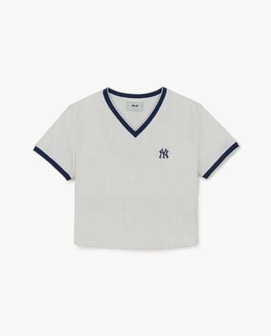  MLB - Áo croptop nữ cổ V phối viền Vintage Logo 