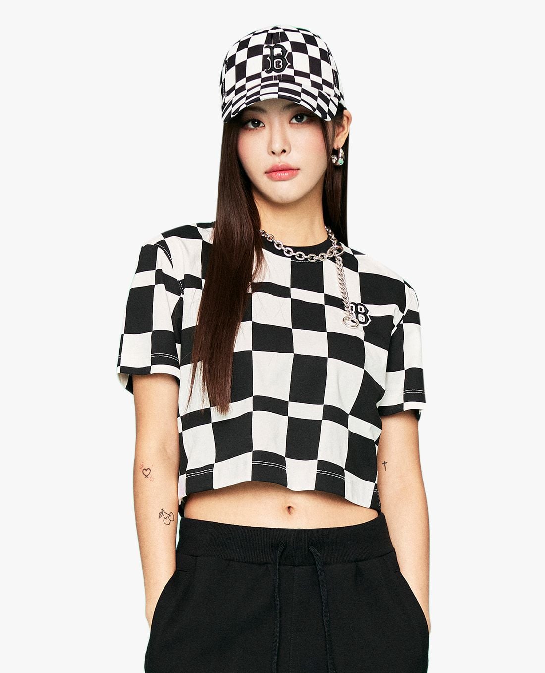 MLB - Áo croptop nữ cổ tròn tay ngắn Checkerboard Allover