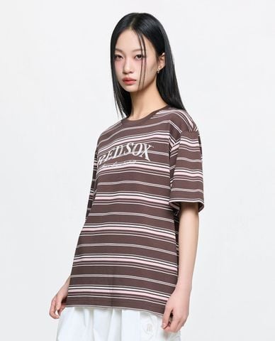  MLB - Áo thun unisex cổ tròn tay ngắn kẻ sọc Sporty 
