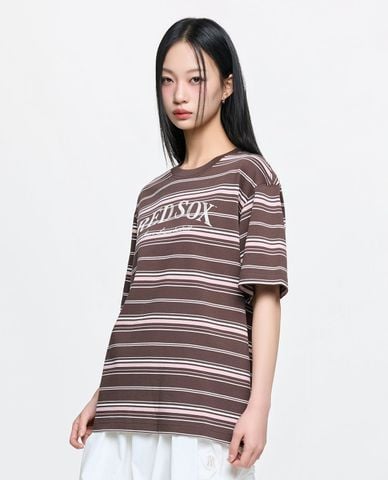  MLB - Áo thun unisex cổ tròn tay ngắn kẻ sọc Sporty 