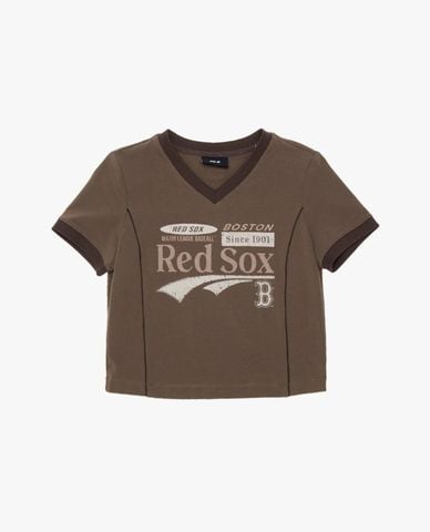  MLB - Áo croptop nữ cổ V tay ngắn Varsity 