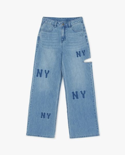  MLB - Quần jeans nữ ống rộng wash bạc thêu logo 