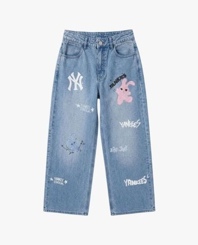  MLB - Quần jeans nữ ống rộng phối họa tiết 