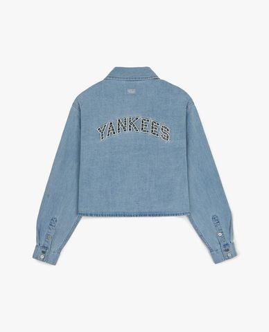  MLB - Áo khoác denim nữ cổ bẻ tay dài New York Yankees 