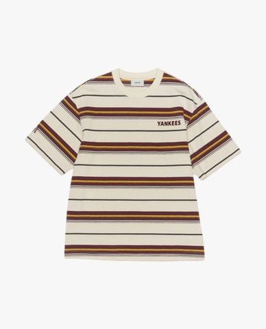 MLB - Áo thun unisex cổ tròn tay ngắn sọc ngang 