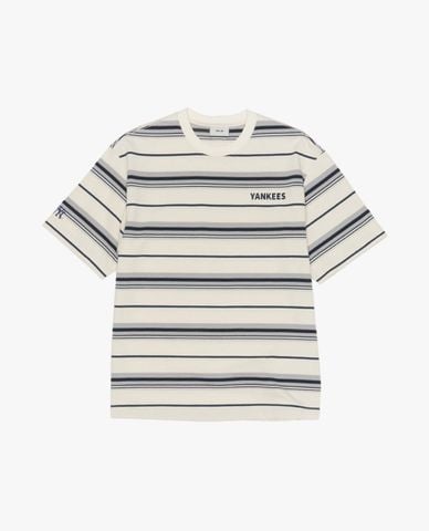  MLB - Áo thun unisex cổ tròn tay ngắn sọc ngang 