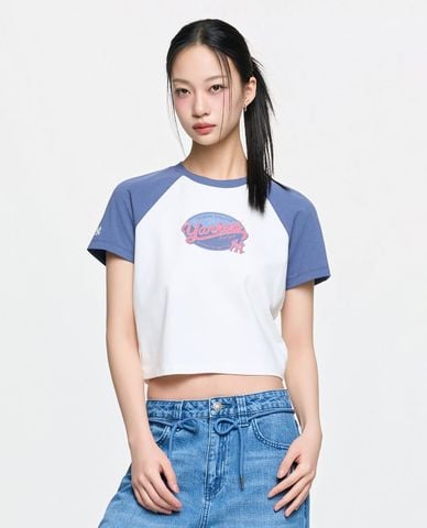  MLB - Áo croptop nữ cổ tròn tay ngắn Vintage Colorblock 