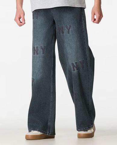  MLB - Quần jeans nữ ống rộng wash bạc 