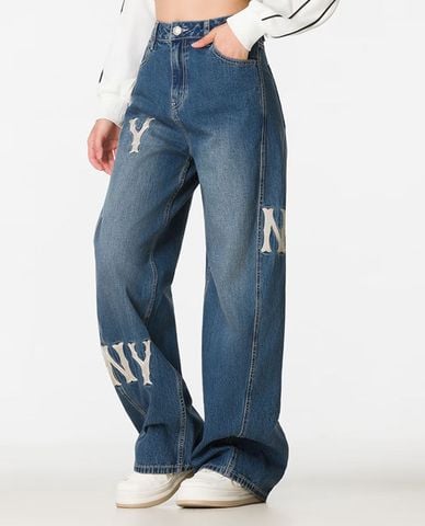  MLB - Quần jeans nữ ống rộng Big Logo Vintage 