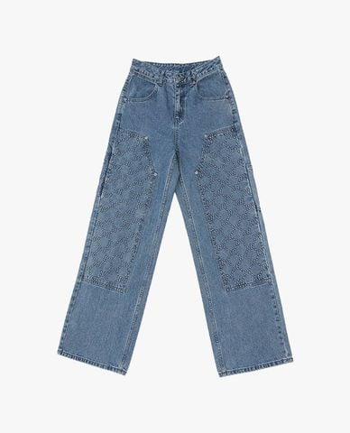  MLB - Quần jeans nữ ống rộng Dia Monogram Embo 