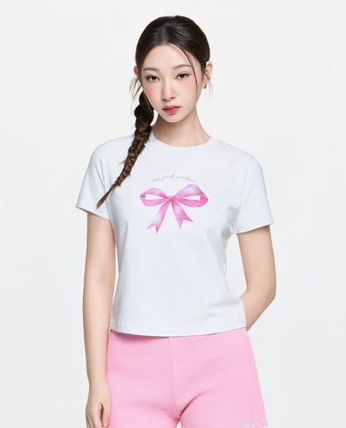  MLB - Áo croptop nữ cổ tròn tay ngắn Bow Tie Graphic 