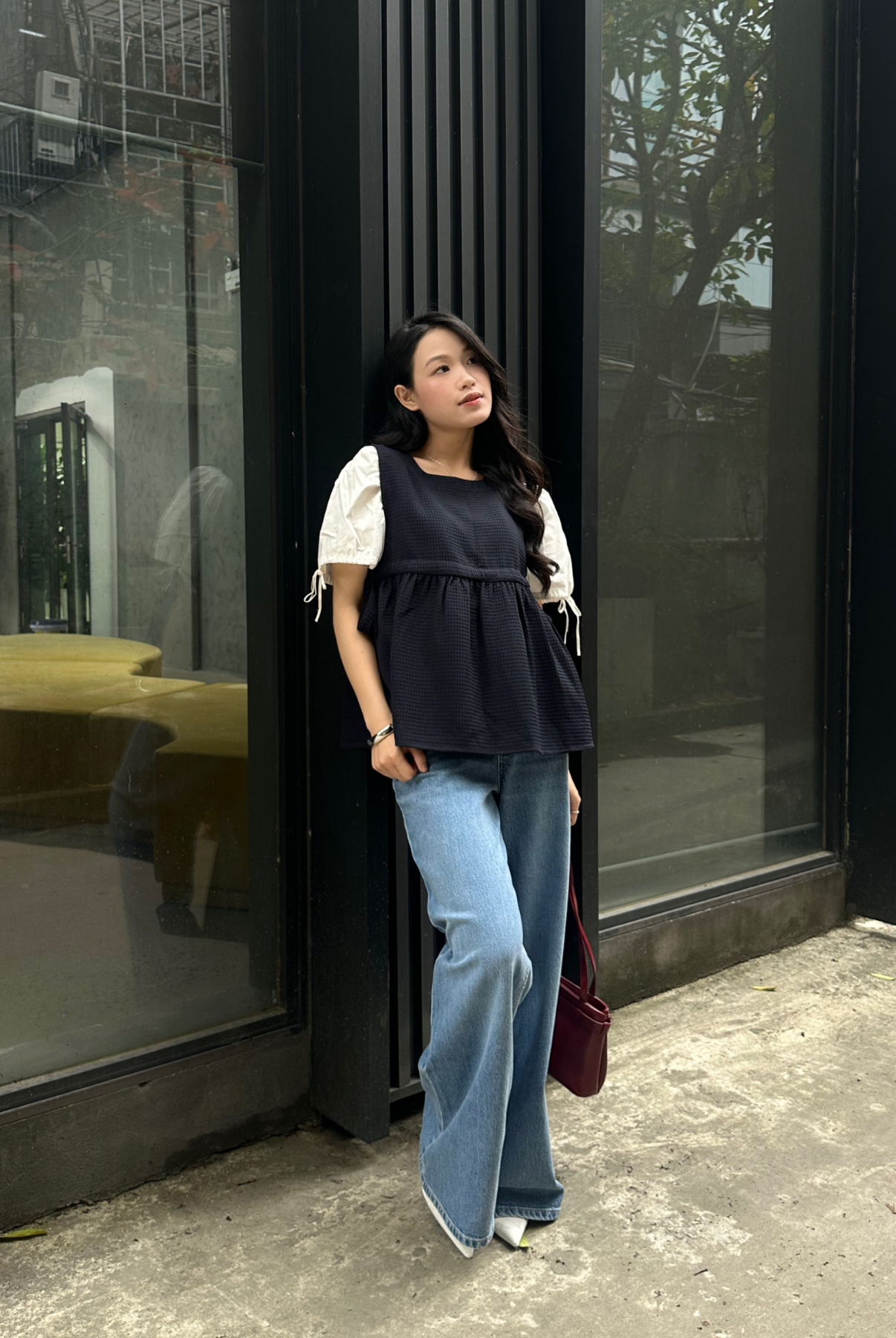  Áo gilet Nữ dáng Babydoll Vải Xốp thắt nơ eo 
