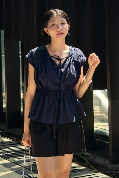  Quần Short Nữ Vải Linen Cạp Cao Phối Chun Lưng 