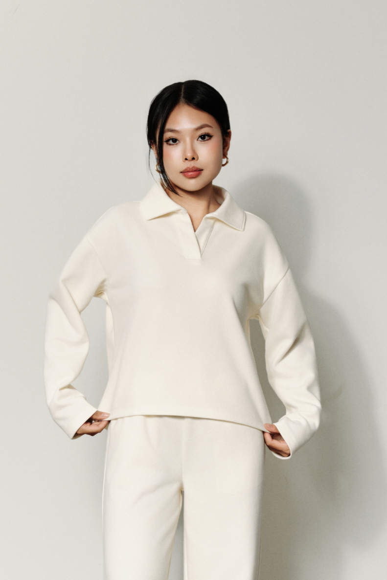  Áo Nỉ Nữ Vải Nỉ 2 Da Cổ V Dáng Boxy 