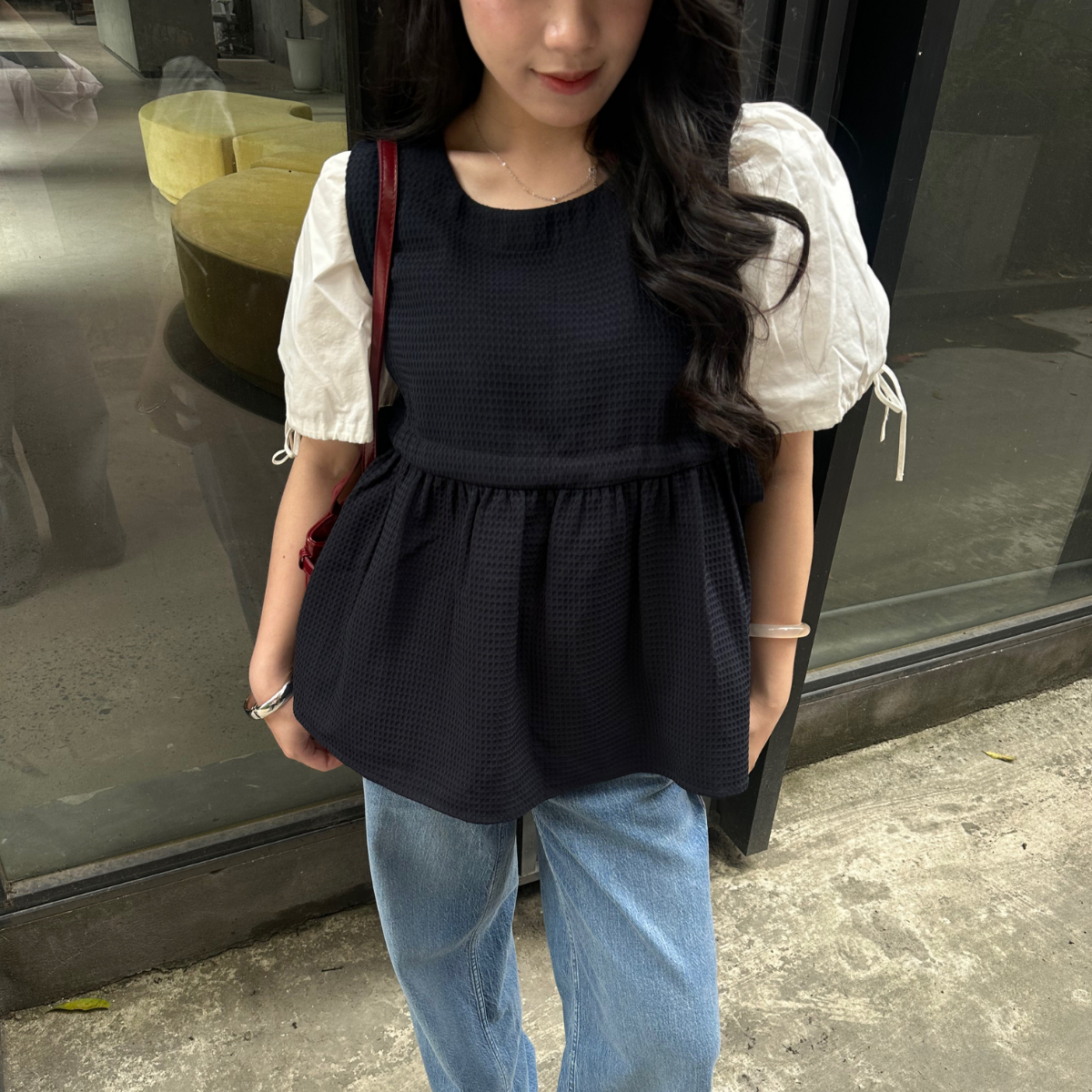  Áo gilet Nữ dáng Babydoll Vải Xốp thắt nơ eo 
