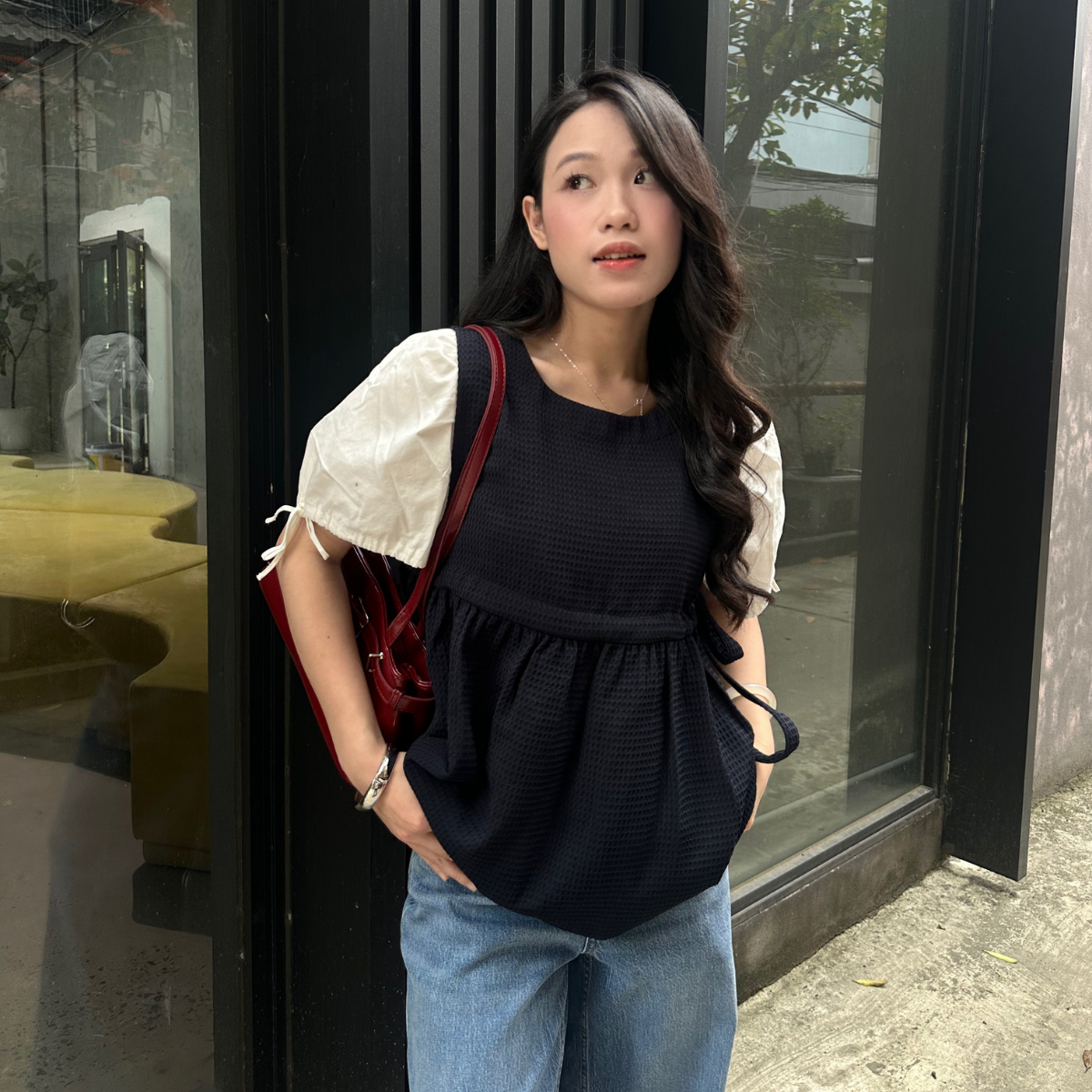  Áo gilet Nữ dáng Babydoll Vải Xốp thắt nơ eo 