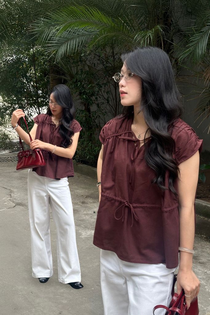  Áo Kiểu Nữ Vải Linen Có Họa Tiết Nơ Trang Trí 