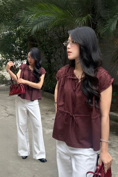  Áo Kiểu Nữ Vải Linen Có Họa Tiết Nơ Trang Trí 