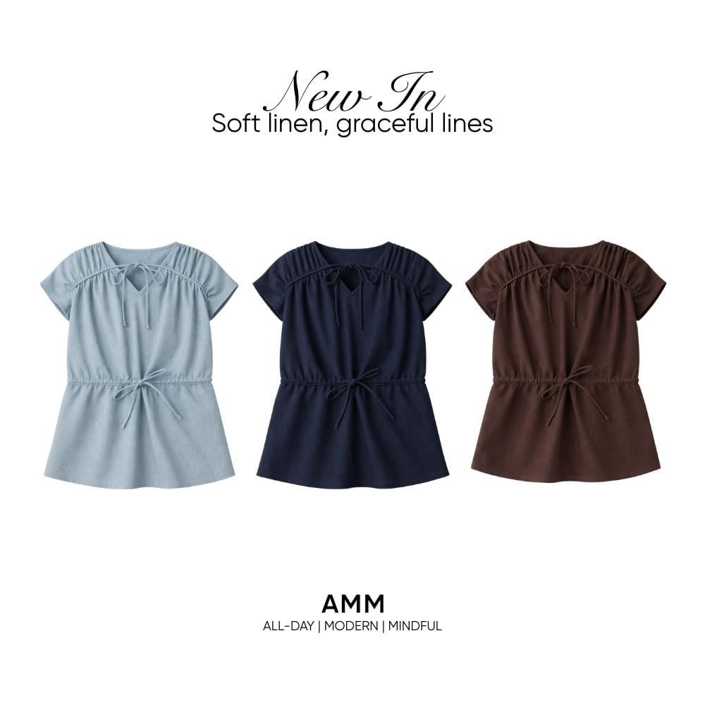  Áo Kiểu Nữ Vải Linen Có Họa Tiết Nơ Trang Trí 