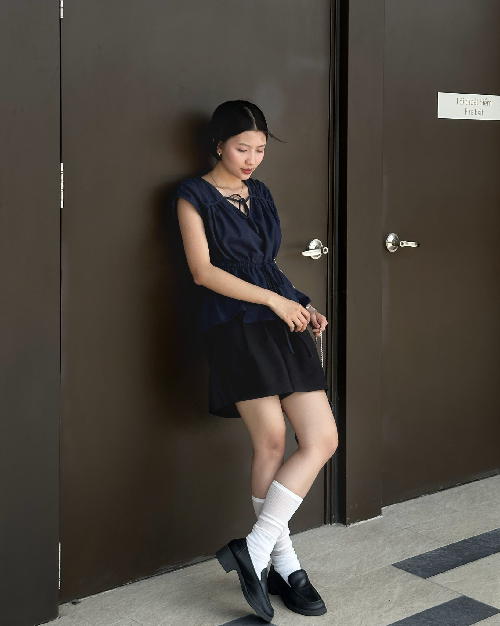 Quần Short Nữ Vải Linen Cạp Cao Phối Chun Lưng 