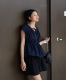  Quần Short Nữ Vải Linen Cạp Cao Phối Chun Lưng 
