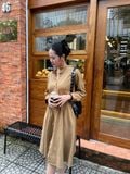  Đầm khaki nữ chiết eo cài cúc 