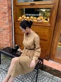  Đầm khaki nữ chiết eo cài cúc 