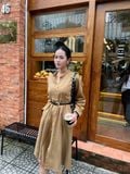  Đầm khaki nữ chiết eo cài cúc 