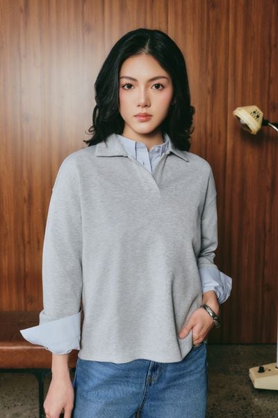  Áo Nỉ Nữ Cổ V Tay Loe Vải Scuba Mỏng 