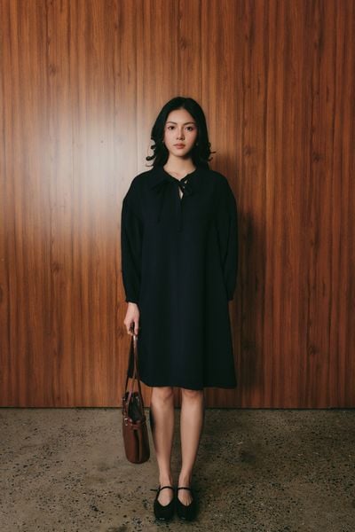  Đầm Midi Nữ Tay Bồng Dáng Suông Buộc Nơ Cổ 