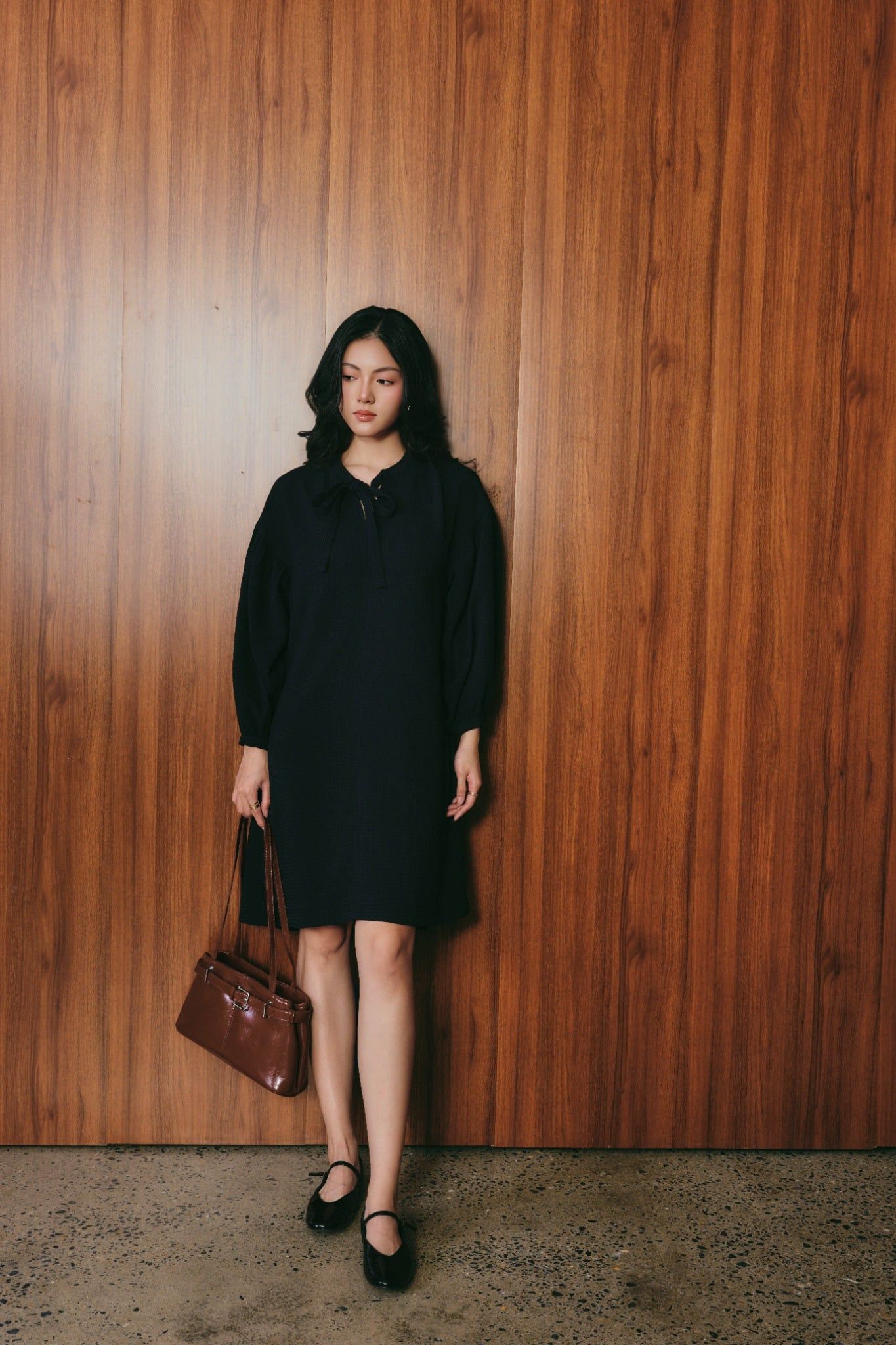  Đầm Midi Nữ Tay Bồng Dáng Suông Buộc Nơ Cổ 