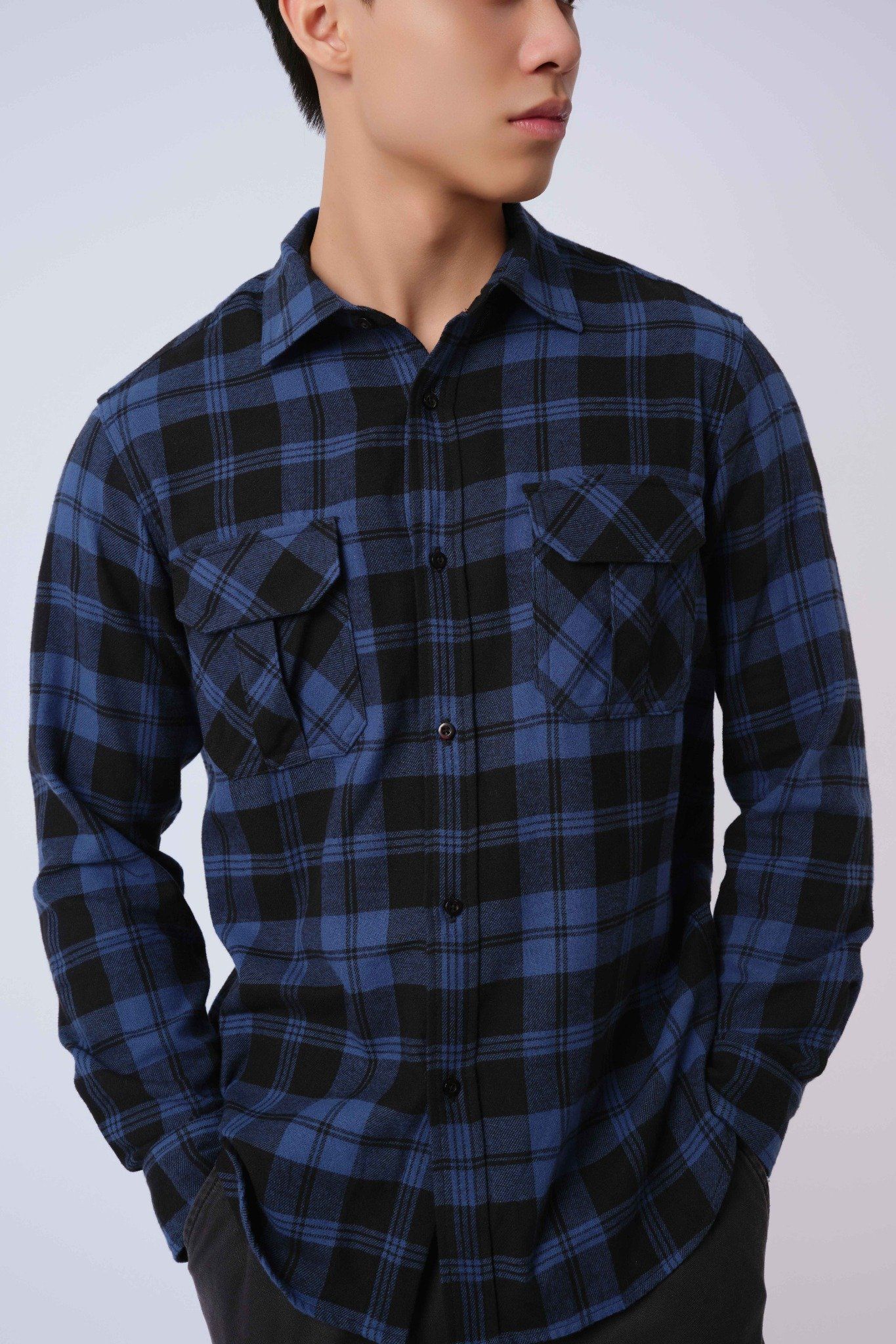  Áo sơ mi nam vải flannel kẻ dáng suông 
