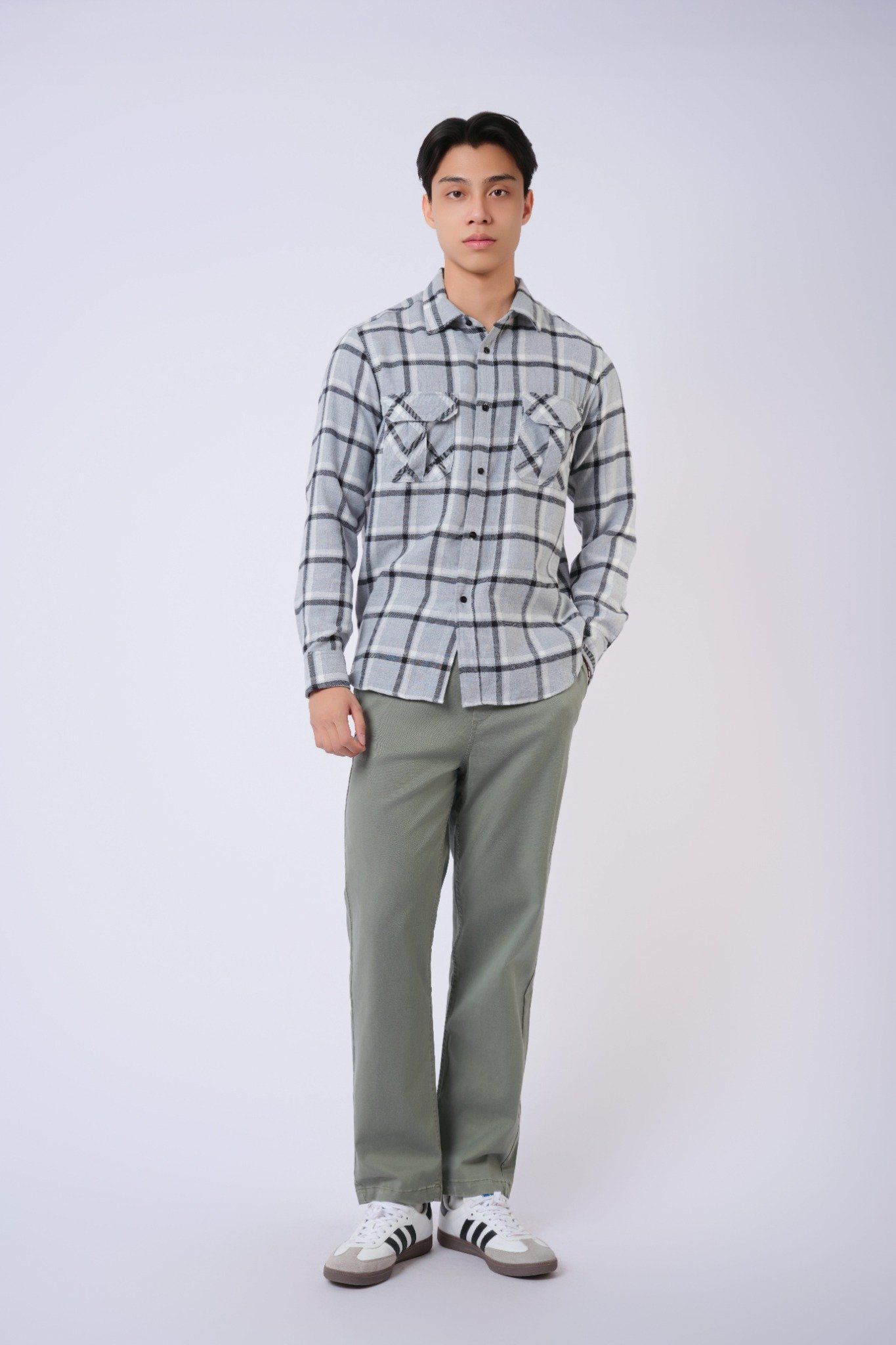  Áo sơ mi nam vải flannel kẻ dáng suông 