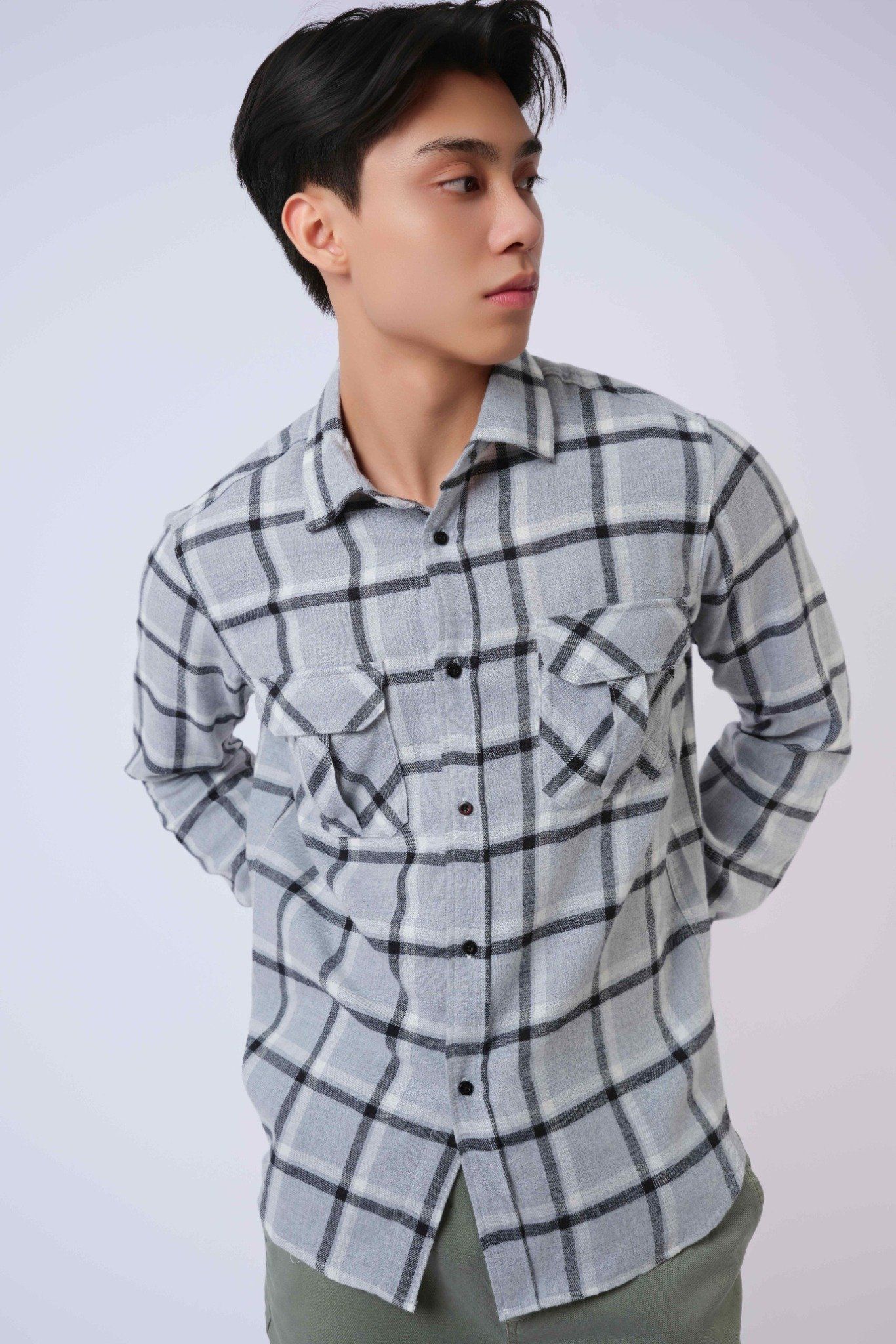  Áo sơ mi nam vải flannel kẻ dáng suông 