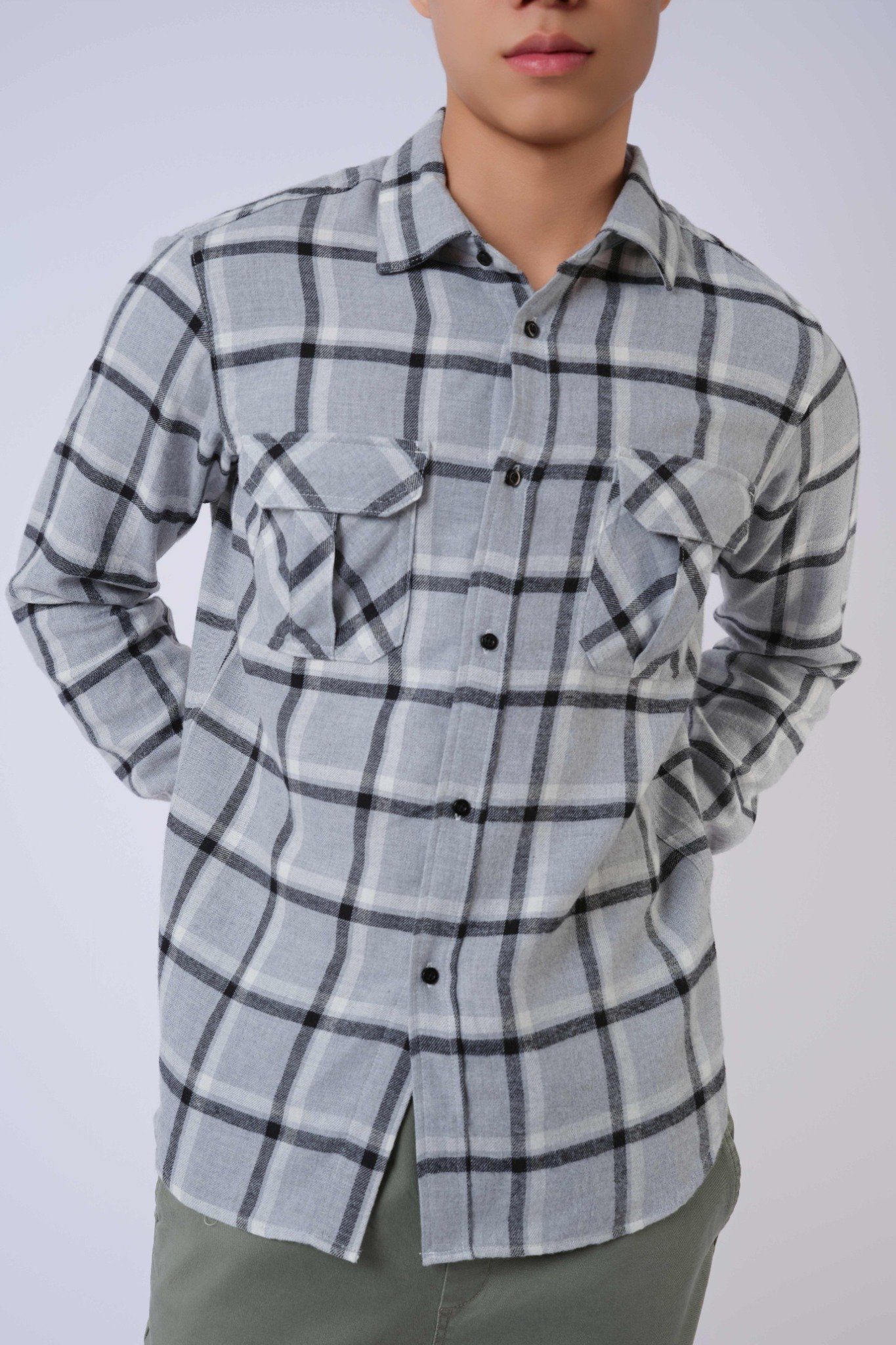  Áo sơ mi nam vải flannel kẻ dáng suông 
