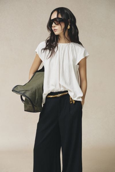  Áo kiểu Nữ Linen tay hến dáng xuông cách điệu lưng 