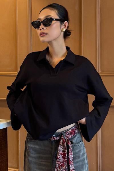  Áo Nỉ Nữ Cổ V Tay Loe Vải Scuba Mỏng 