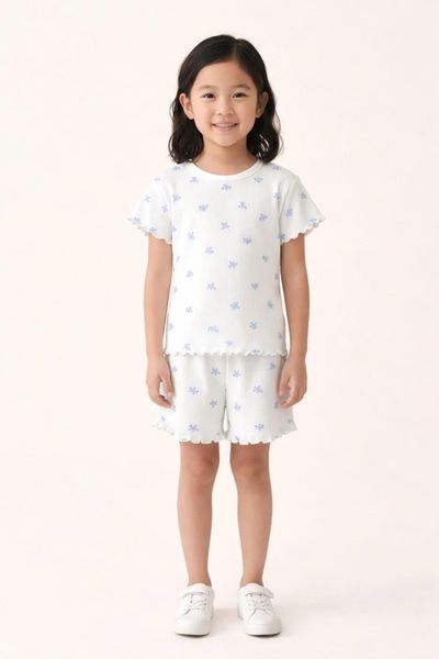  Set Bộ Bé Gái Mặc Nhà Vải Rib Mỏng In Họa Tiết 