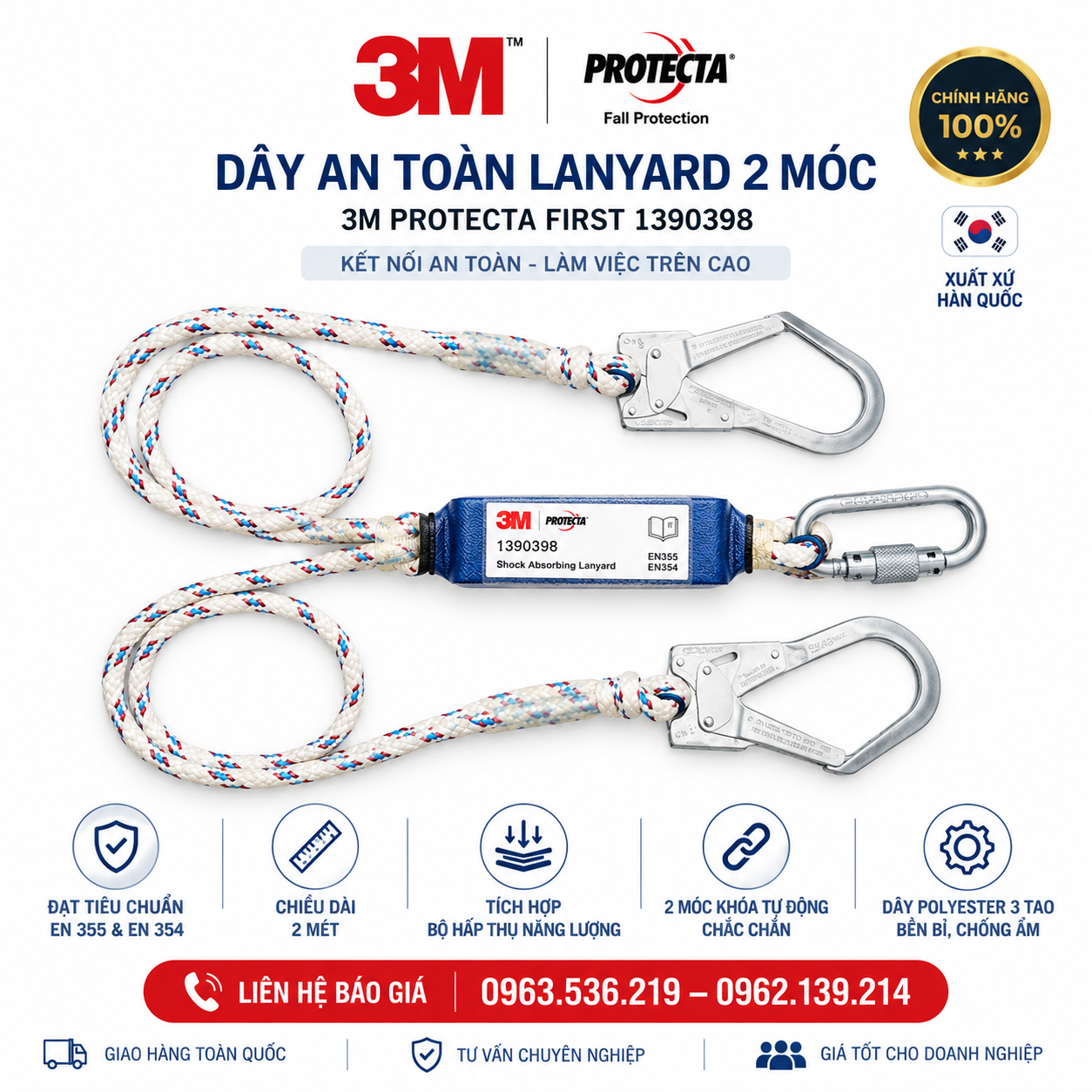Dây An Toàn Lanyard 2 Móc 3M 1390398 Chính Hãng