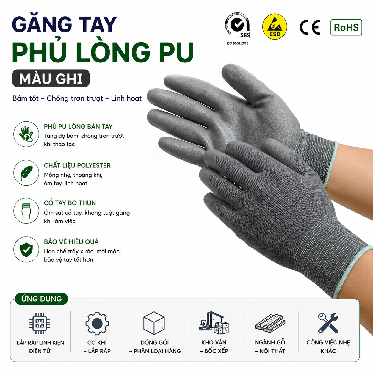 Găng tay phủ lòng PU màu ghi độ bám cao