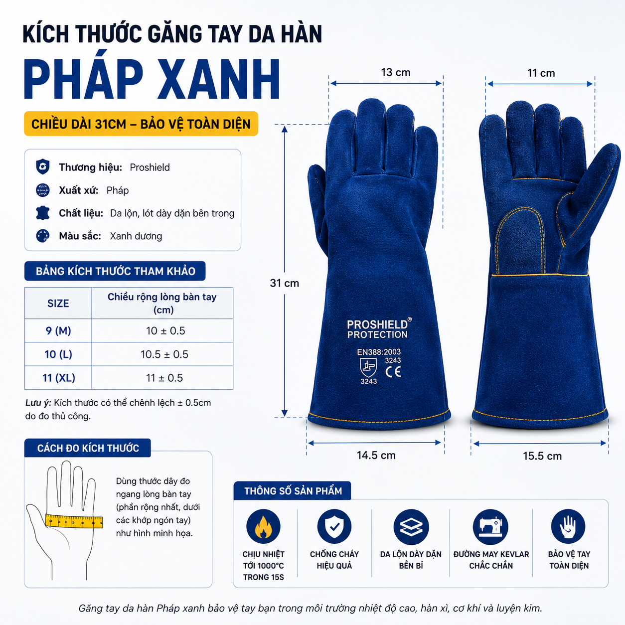 Găng Tay Da Hàn Pháp Màu Xanh - Bảo Hộ Lao Động Vĩnh Xuyên