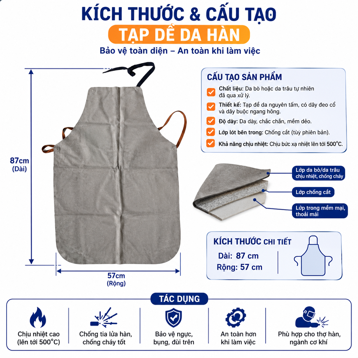 Tạp dề da thợ hàn nguyên tấm chịu nhiệt chống cháy