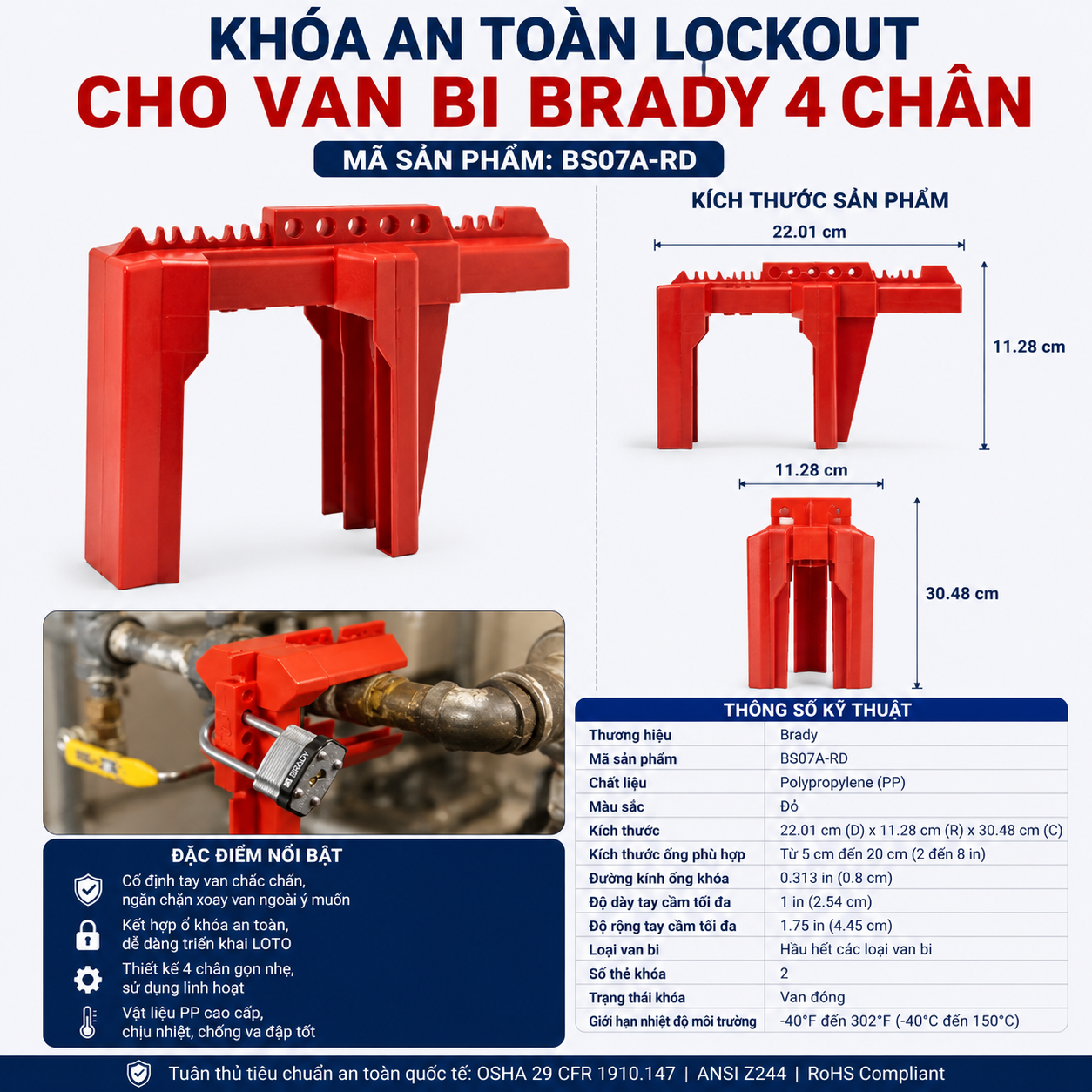 Khóa an toàn lockout cho van bi Brady – Loại 4 chân nhỏ
