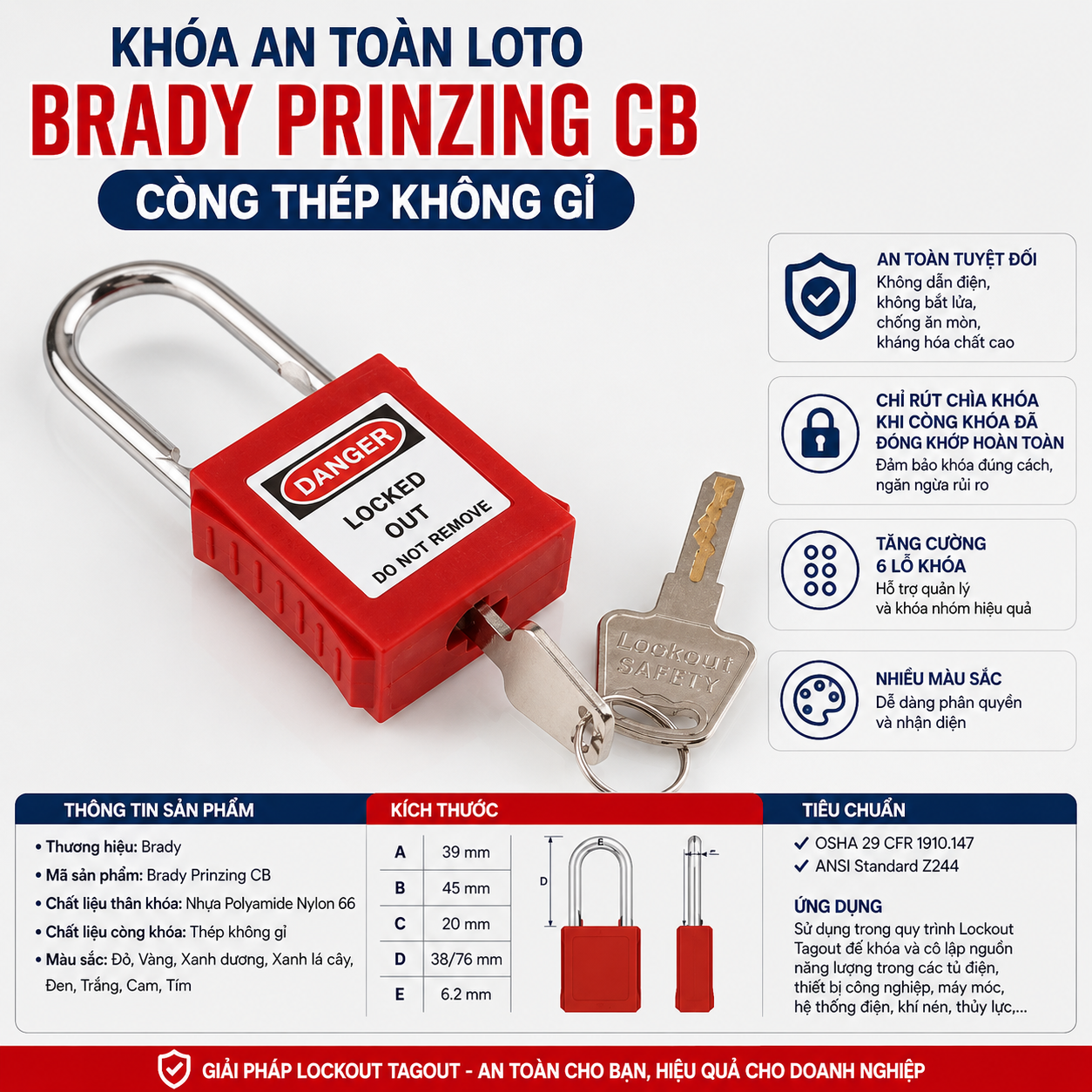Khóa LOTO Brady Prinzing CB còng thép không gỉ
