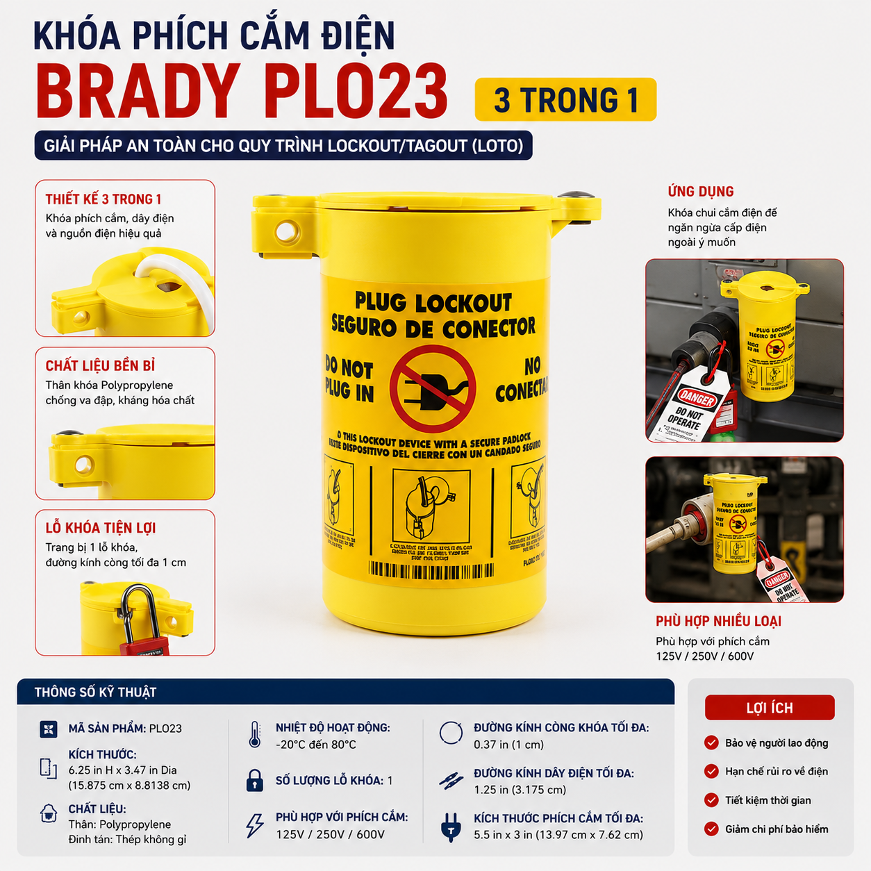 Khóa phích cắm điện Lockout Tagout Brady 3 trong 1