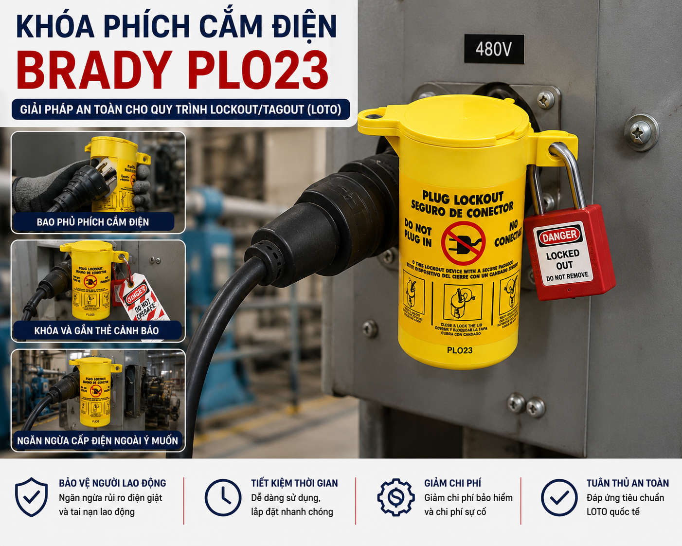 Khóa phích cắm điện Lockout Tagout Brady 3 trong 1