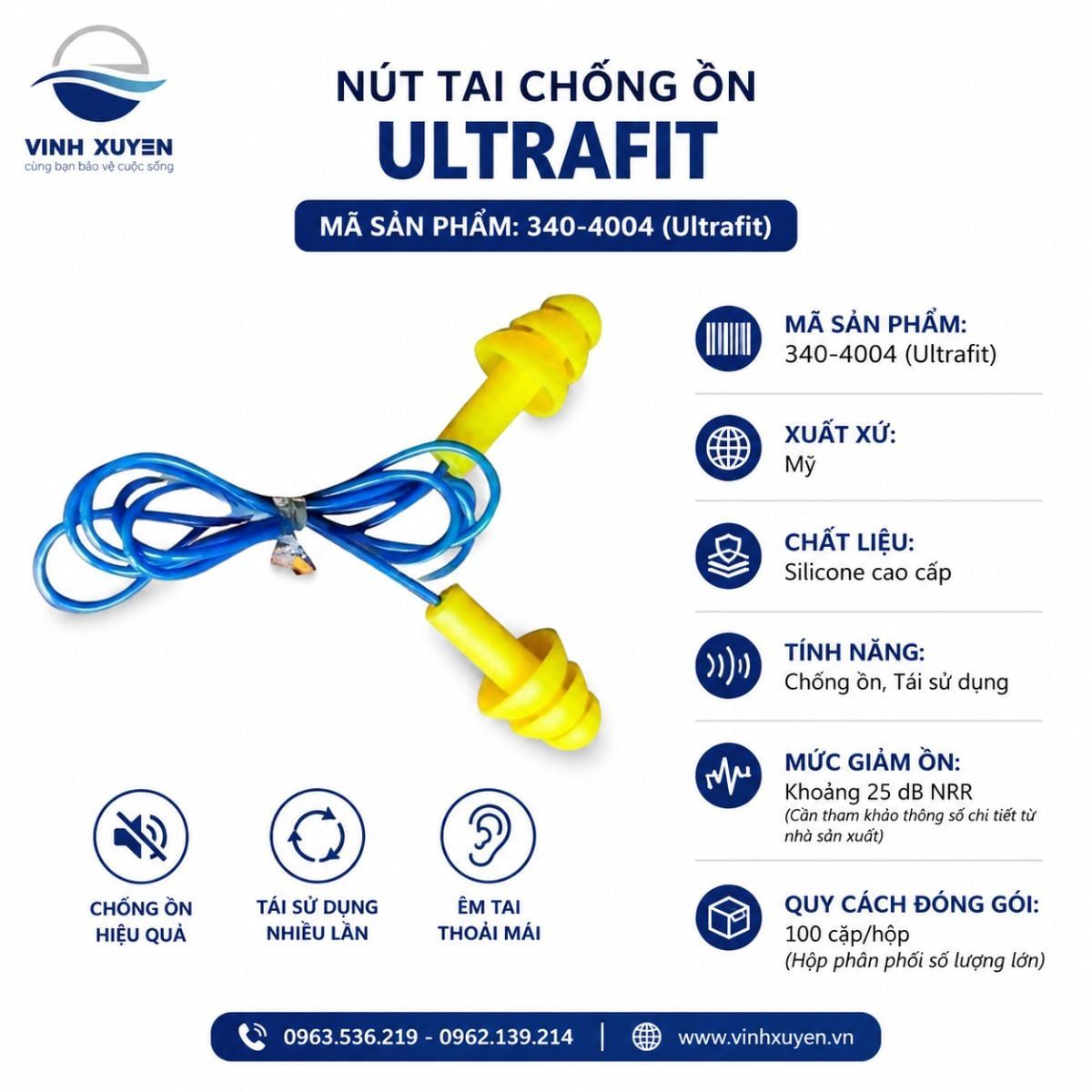 Nút Bịt Tai Chống Ồn 3M 4004 Chính Hãng Có Dây Giảm Ồn 28DB