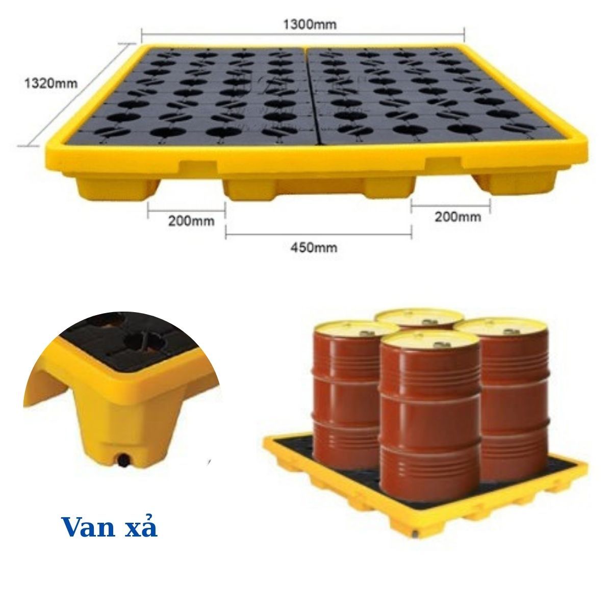Pallet chống tràn dầu 4 phuy thành thấp