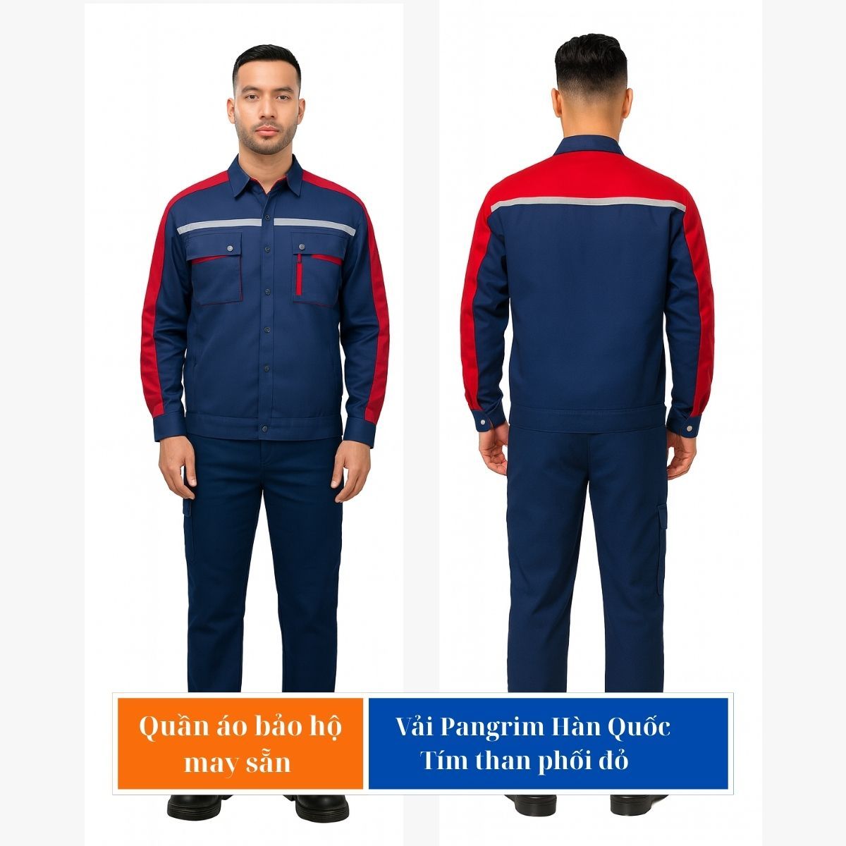 Quần áo bảo hộ may sẵn vải Pangrim tím than phối đỏ VIN 21